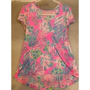 Lilly Pulitzer Etta V-Neck Pink Blue Floral Tee XS Resort Wear Vacation Tropical